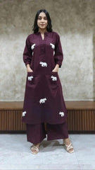 Majestic Elephant Print Wine Kurta Set