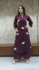 Majestic Elephant Print Wine Kurta Set
