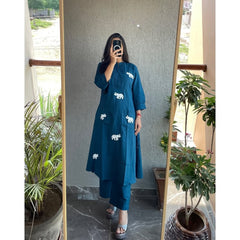 Majestic Elephant Print Blue Kurta Set