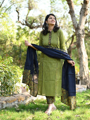 Cotton Ajrak Suit Set with Applique Dupatta