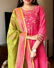 Pink Handloom Cotton Kurta Set with Linen Dupatta
