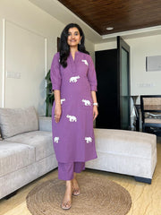 Majestic Elephant Print Purple Kurta Set