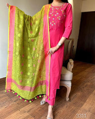 Pink Handloom Cotton Kurta Set with Linen Dupatta
