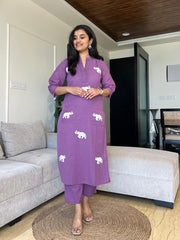 Majestic Elephant Print Purple Kurta Set