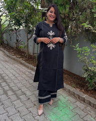 Black Embroidered South Cotton Co-Ord Set
