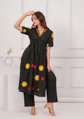 Women's Black Kurta with Palazzo Floral Embroidered. V-Neck Set