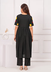 Women's Black Kurta with Palazzo Floral Embroidered. V-Neck Set