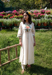 Women's White Embroidered Cotton Kurta and Pant Set