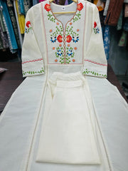 Women's White Embroidered Cotton Kurta and Pant Set