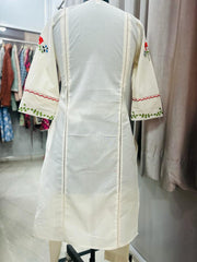 Women's White Embroidered Cotton Kurta and Pant Set