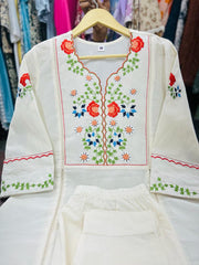 Women's White Embroidered Cotton Kurta and Pant Set