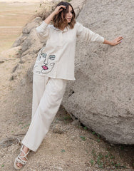 Women's Off White Embroidered Cotton Flex Co-Ord Set