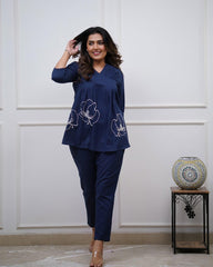 Dark Blue Embroidered Cotton Co-Ord Set