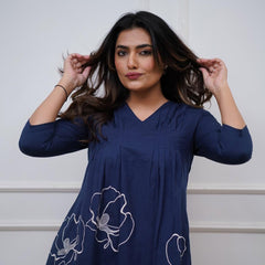 Dark Blue Embroidered Cotton Co-Ord Set