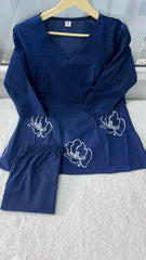 Dark Blue Embroidered Cotton Co-Ord Set