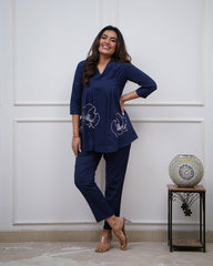 Dark Blue Embroidered Cotton Co-Ord Set