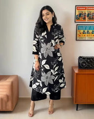 Black Women's Cotton Viscose A-line Printed Kurta with Pant For Women