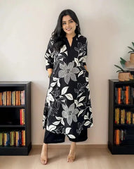 Black Women's Cotton Viscose A-line Printed Kurta with Pant For Women