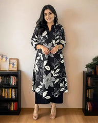 Black Women's Cotton Viscose A-line Printed Kurta with Pant For Women