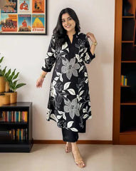 Black Women's Cotton Viscose A-line Printed Kurta with Pant For Women