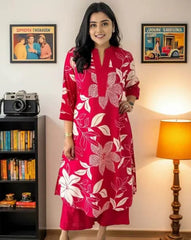 Red Women's Cotton Viscose A-line Printed Kurta with Pant For Women
