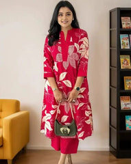 Red Women's Cotton Viscose A-line Printed Kurta with Pant For Women