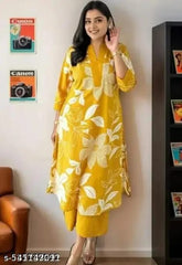 Yellow Women's Cotton Viscose A-line Printed Kurta with Pant For Women