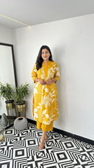 Yellow Women's Cotton Viscose A-line Printed Kurta with Pant For Women