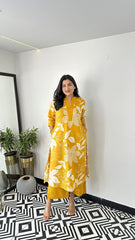 Yellow Women's Cotton Viscose A-line Printed Kurta with Pant For Women