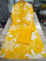 Yellow Women's Cotton Viscose A-line Printed Kurta with Pant For Women