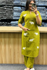 Majestic Elephant Print Green Kurta Set