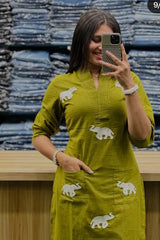 Majestic Elephant Print Green Kurta Set
