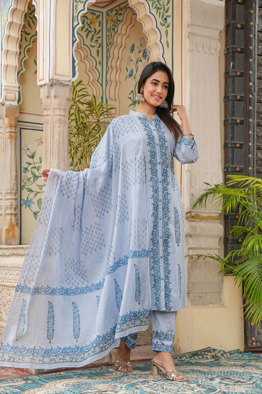blue dupatta set, cotton dupatta set, wearline