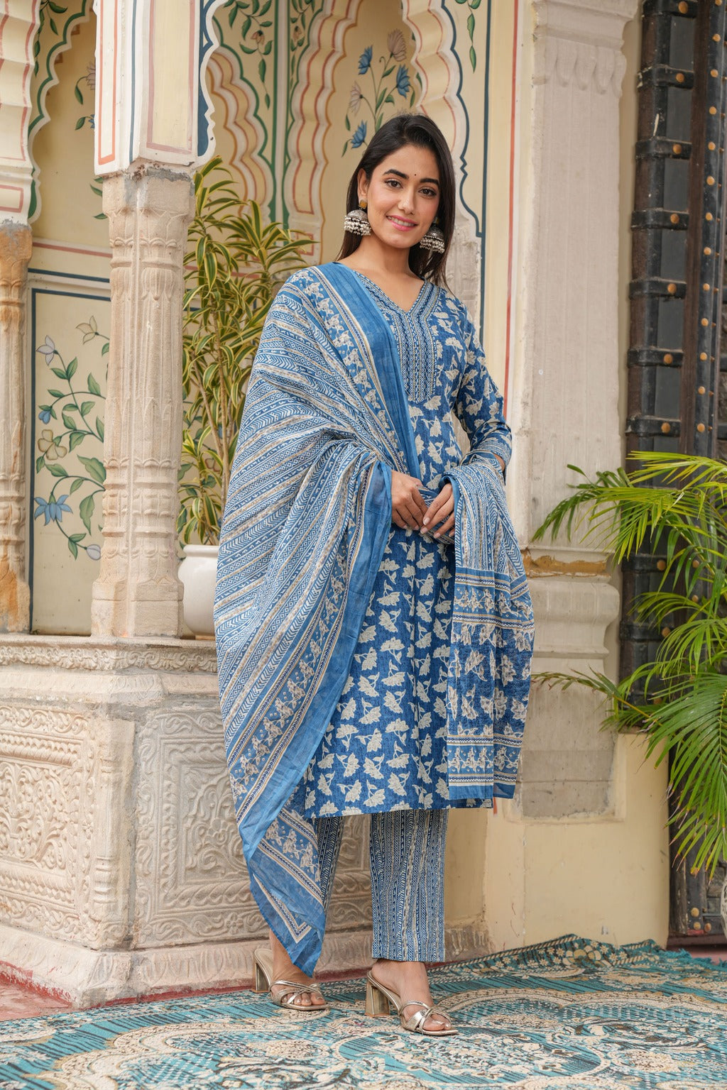 blue dupatta set, cotton dupatta set, wearine