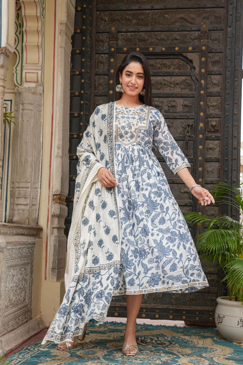 Blue dupatta set, gown and dupatta, mal cotton dupatta set, wearline