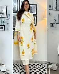 Elegant Yellow Floral Cotton Kurta Pant Set With Dupatta