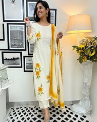 Elegant Yellow Floral Cotton Kurta Pant Set With Dupatta