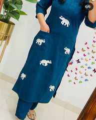 Majestic Elephant Print Blue Kurta Set