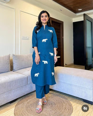 Majestic Elephant Print Blue Kurta Set