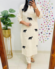 Majestic Elephant Print White  Kurta Set