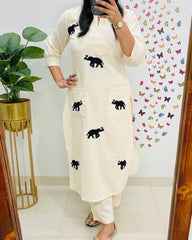 Majestic Elephant Print White  Kurta Set