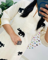 Majestic Elephant Print White  Kurta Set