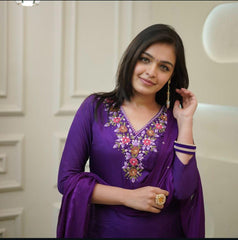 Sequence Embroidery Cotton Kurta Pant and Dupatta Set