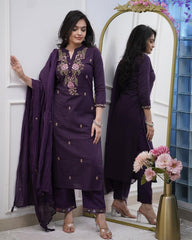 Purple Embroidered Kurta Pant and Dupatta Set