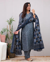 Gray Ajrakh Cotton Kurta Pant and Dupatta Set