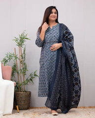 Gray Ajrakh Cotton Kurta Pant and Dupatta Set