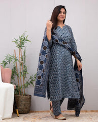 Gray Ajrakh Cotton Kurta Pant and Dupatta Set