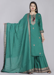 GREEN RAYON KURTI PLAZZO WITH PREMIUM COTTON DUPATTA