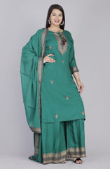 GREEN RAYON KURTI PLAZZO WITH PREMIUM COTTON DUPATTA