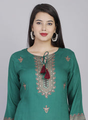 GREEN RAYON KURTI PLAZZO WITH PREMIUM COTTON DUPATTA